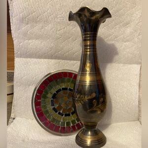 This set Indian brass floral vase and stained glass plate.